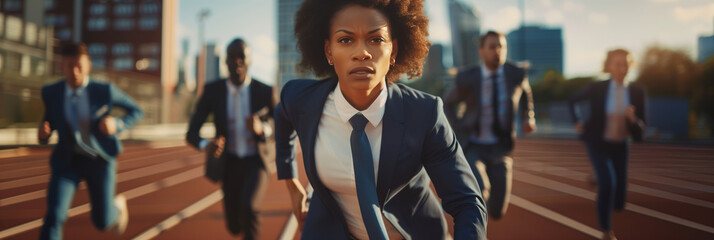 A group of business professionals in suits competitively running on a track, a woman at the lead, symbolizing women empowerment in corporate competition and the relentless pursuit of success