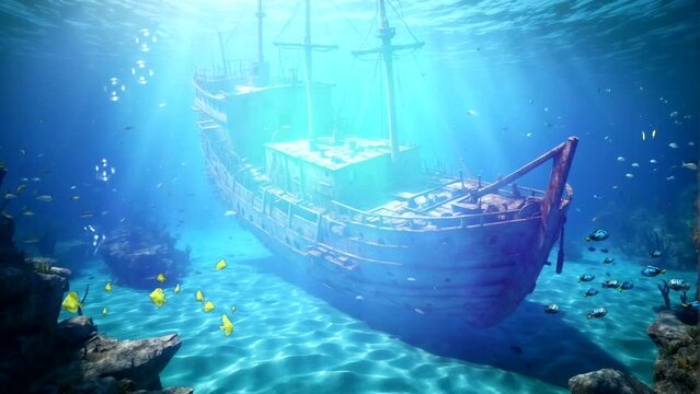 illustration of a shipwreck in the blue sea under sunlight