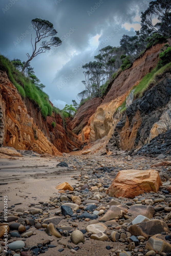 Poster a scenic rocky beach with trees in the background. suitable for nature or travel concepts