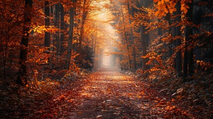 Autumn forest path with golden leaves