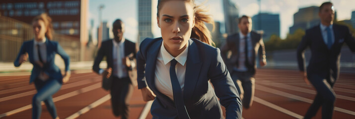 A group of business professionals in suits competitively running on a track, a woman at the lead, symbolizing women empowerment in corporate competition and the relentless pursuit of success