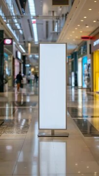 A white sign stands in a mall. The sign is empty and has no writing on it. The mall is brightly lit and has a clean, modern look