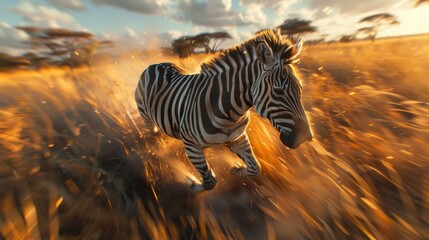 Running zebra in golden savanna at sunset