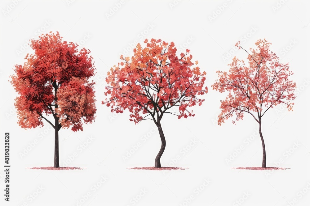 Poster a group of four trees with vibrant red leaves. suitable for autumn-themed projects