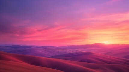 A vibrant sunset over rolling hills, with the sky ablaze in shades of pink, purple, and orange casting a warm glow over the landscape. 32k, full ultra HD, high resolution