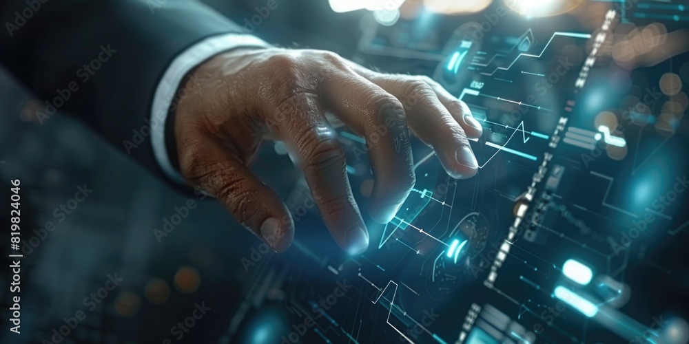 Aufkleber A man in a suit interacting with a computer screen. Suitable for technology concepts