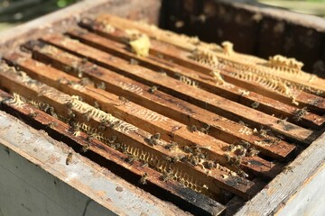 Wooden frames with wax for building honeycombs with the help of outdoor bees. Home beekeeping in village