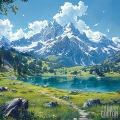 Serene Mountain Landscape with Pristine Lake and Snow-Capped Peaks - Detailed Nature Illustration