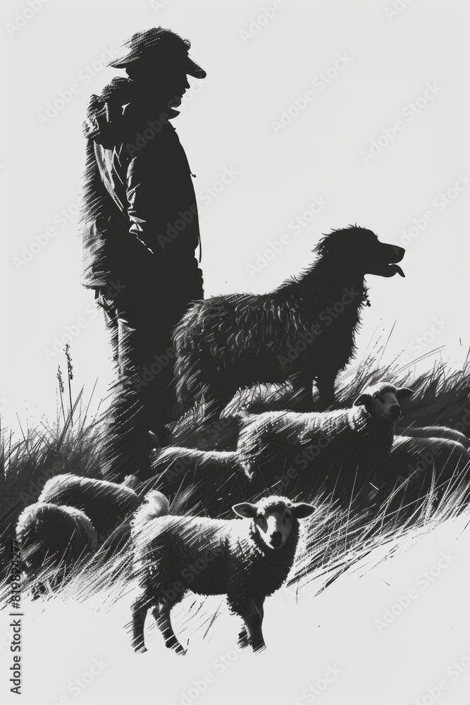 Poster a man standing next to a herd of sheep. suitable for agriculture and farming concepts