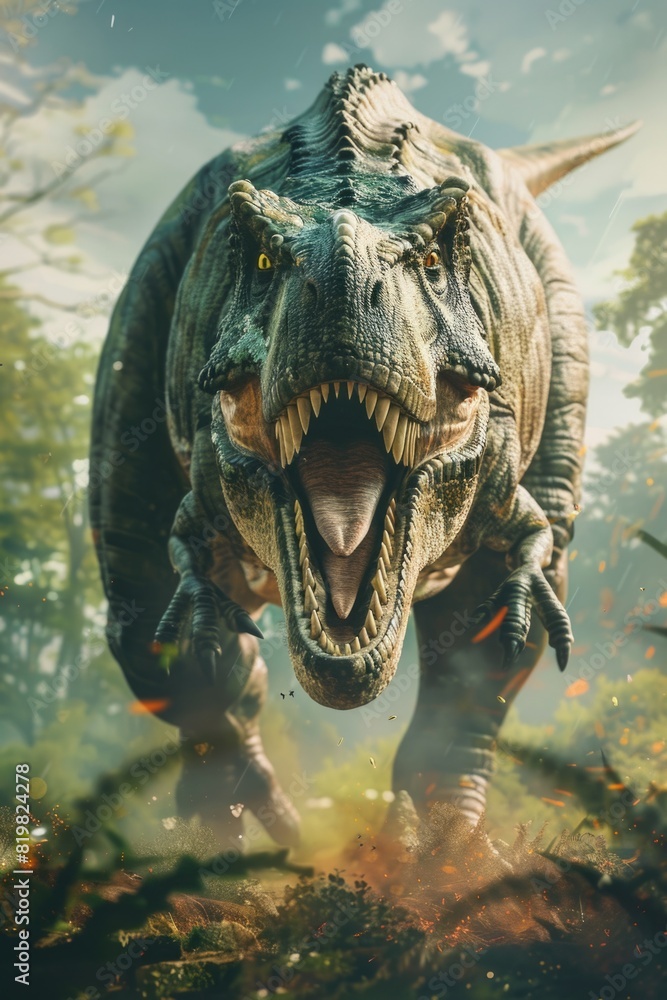 Poster a dinosaur with its mouth open walking through a forest. great for educational materials