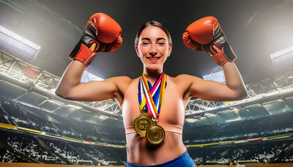 Sports competitions at the 2024 Summer Olympic Games in Paris, France. Female boxer poses with medals around her neck