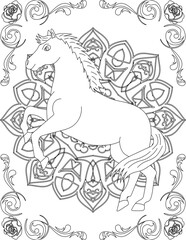 Horse on Mandala Coloring Page. Printable Coloring Worksheet for Adults and Kids. Educational Resources for School and Preschool. Mandala Coloring for Adults