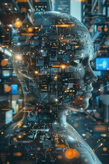 A man's head with a visible circuit board, suitable for technology concepts