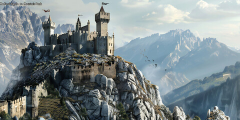 Medieval Castle Perched on Mountain Peak An image of a majestic medieval castle perched atop a rugged mountain peak, with stone walls, towers, and turrets rising against the dramatic backdrop of rocky