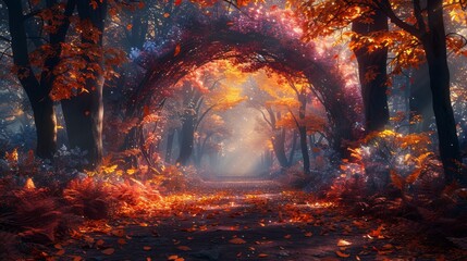 Enchanted Log Archway in Mystical Forest Wonderland with Colorful Leaves and Dawn Mist - Fantasy Illustration of Whimsical Scene