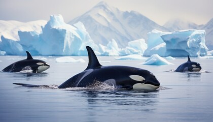 Fototapeta premium Groups of Orcas or killer whales swim and hunt for prey, the top of the food chain in a sea of ​​ice floes