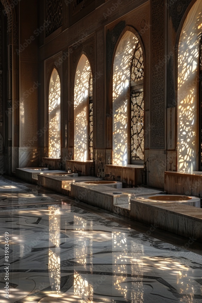 Poster a room with many windows and a marble floor. suitable for interior design projects