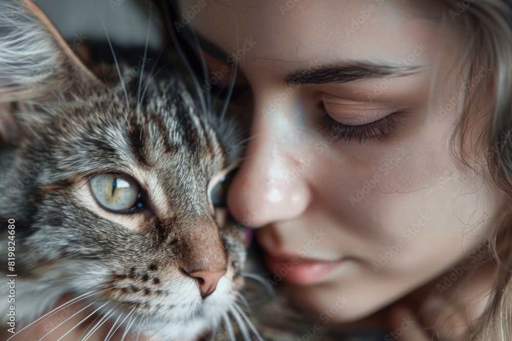 Wall mural Close up shot of a person holding a cat. Perfect for pet lovers and animal enthusiasts