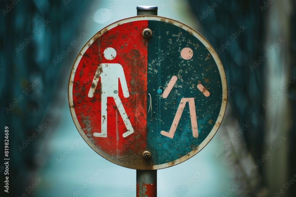 Poster red and blue sign with a man and a person walking. suitable for safety instructions