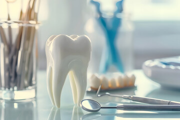 Dental health concept with tooth model and tools
