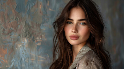 Fototapeta premium Beautiful brunette woman with a chic hairstyle, posing elegantly against a neutral background