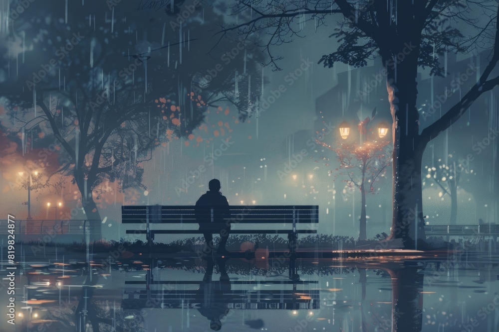 Poster a person sitting on a bench in the rain. suitable for weather-related concepts
