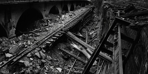 Naklejka premium A monochrome image of a train track, suitable for transportation themes