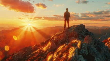 A man standing on top of a mountain at sunset. Perfect for outdoor and adventure concepts