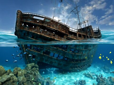 illustration of half a ship sinking in the blue sea