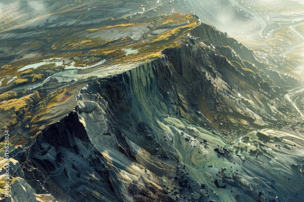 Poster a stunning aerial view of a mountain with a river running through it. perfect for travel and nature 