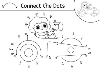 Vector construction site dot-to-dot and color activity with road roller. Building works line connect the dots game for children. Printable worksheet or coloring page with industrial vehicle.