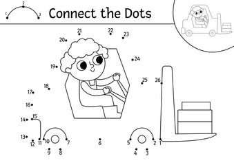 Vector construction site dot-to-dot and color activity with forklift. Building works line connect the dots game for children. Printable worksheet or coloring page with industrial vehicle.