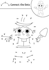 Vector construction site dot-to-dot and color activity with worker in hard hat holding brick and spatula. Building works line connect the dots game for children. Printable worksheet, coloring page