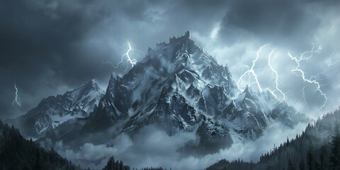 Epic Wide-Angle View of a Dark Fortress-Crowned Mountain Range with Dynamic Storm Lighting, Jagged Peaks, and Dramatic Atmosphere