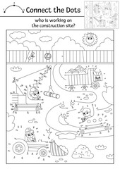 Vector dot-to-dot and color activity with construction site scene. Building works line connect the dots game with road repair landscape. Printable worksheet or coloring page with industrial vehicle.