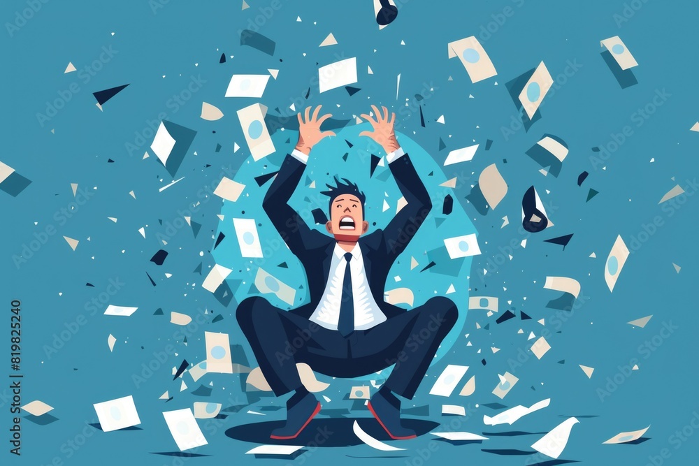 Poster a man in a suit and tie sitting on a pile of papers. ideal for business concepts