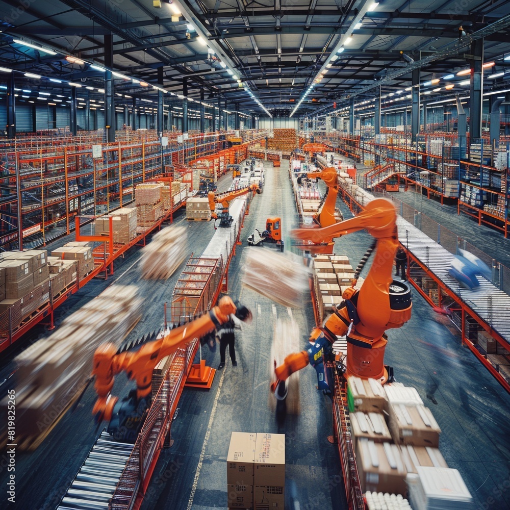 Poster An industrial factory filled with boxes and robots. Suitable for manufacturing and automation concepts