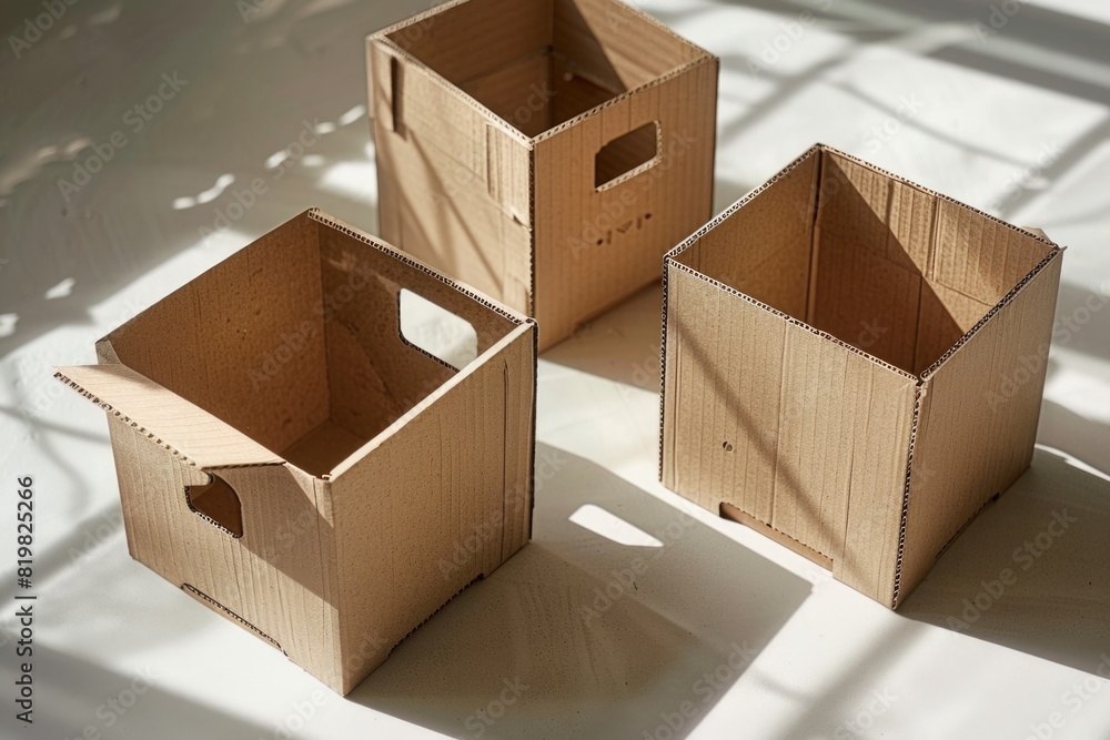 Aufkleber three cardboard boxes neatly arranged on a table, suitable for packaging or storage solutions