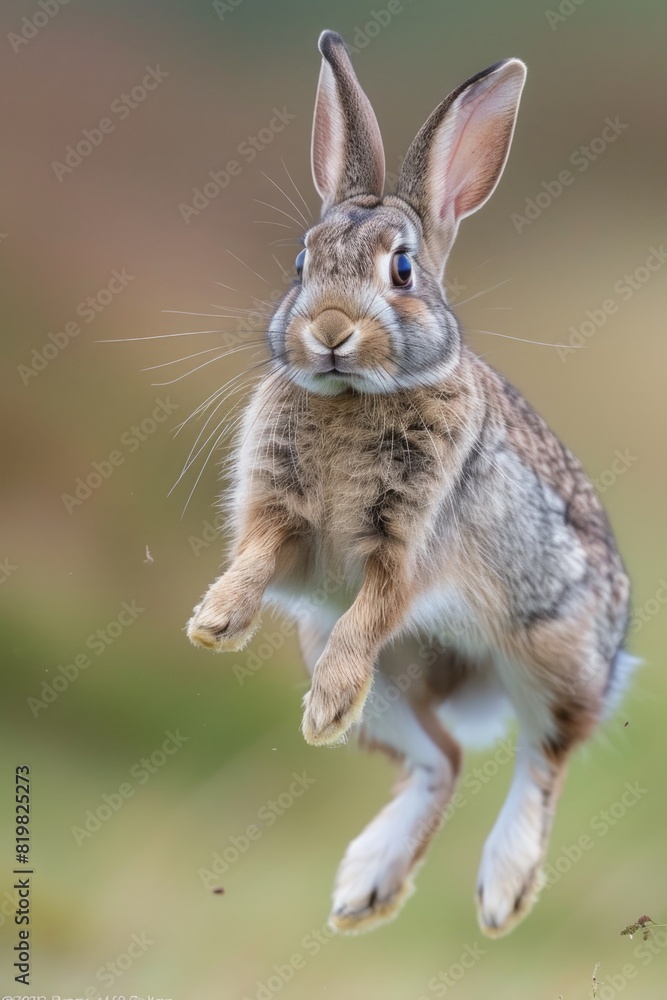 Poster A rabbit jumping in the air in a field. Perfect for nature and animal themes
