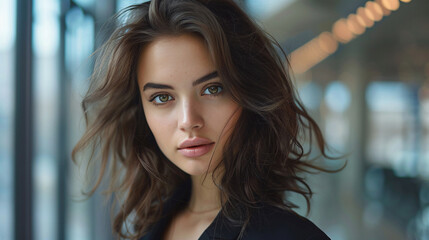 Beautiful brunette woman with a chic hairstyle, posing elegantly against a neutral background