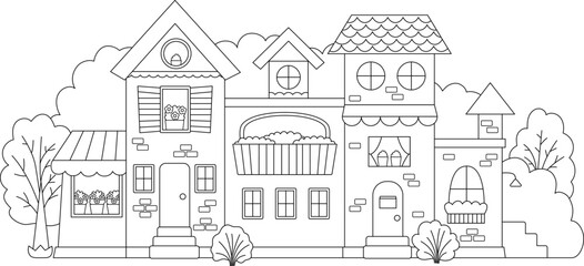 Vector black and white beautiful house surrounded by garden. Residential building line illustration. Cute cottage with flowers. Funny little town or city coloring page with roof, walls, shutters.