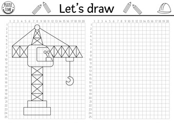 Draw lifting crane. Vector construction site drawing practice worksheet with industrial vehicle and grid with numbers. Printable black and white activity for kids. Copy the picture coloring page.