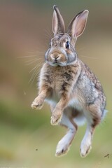 Fototapeta premium A rabbit jumping in the air in a field. Perfect for nature and animal themes