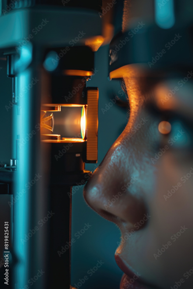 Poster close up of a person looking at a bright light. suitable for illustrating curiosity or discovery