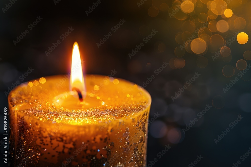 Poster a single lit candle on a table, suitable for various concepts and designs
