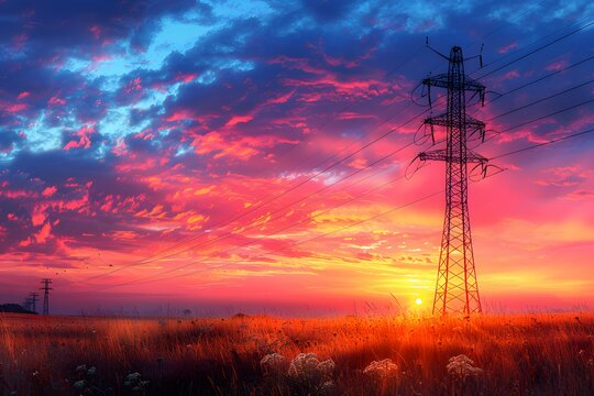 Sunset Overpowering Transmission Towers in Vast Meadow - Scenic Evening Landscape for Print, Poster