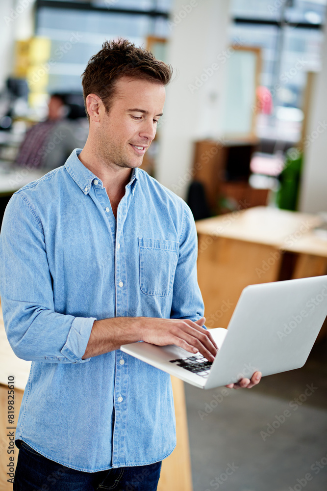 Fototapete Laptop, businessman and thinking or research in office for startup project and standing in office. Web developer, programming and planning with technology for coding in workplace with cybersecurity