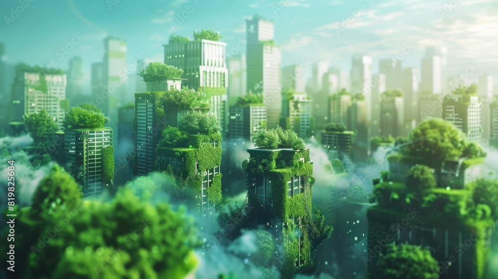 Poster a city skyline with an abundance of trees, creating a harmonious urban-nature blend. suitable for en