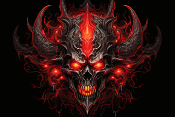 The skull of a red demon with horns 