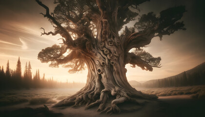 Fototapeta premium Majestic Ancient Tree in Mystical Forest at Sunrise